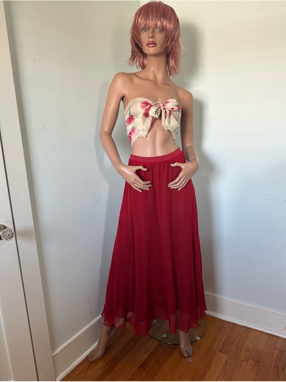 Moulinette Soeurs for Anthropologie Red Silk Flowing Maxi Skirt